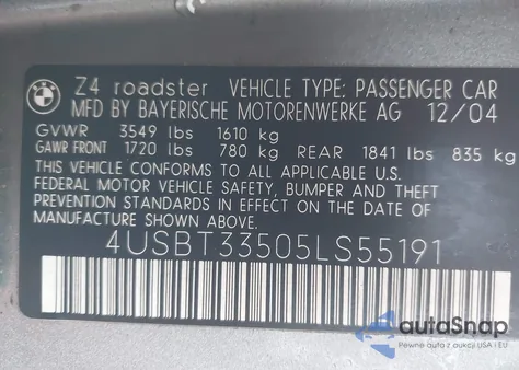 2005 BMW Z4 2.5I z USA, uszkodzony, nr VIN 4USBT33505LS55191